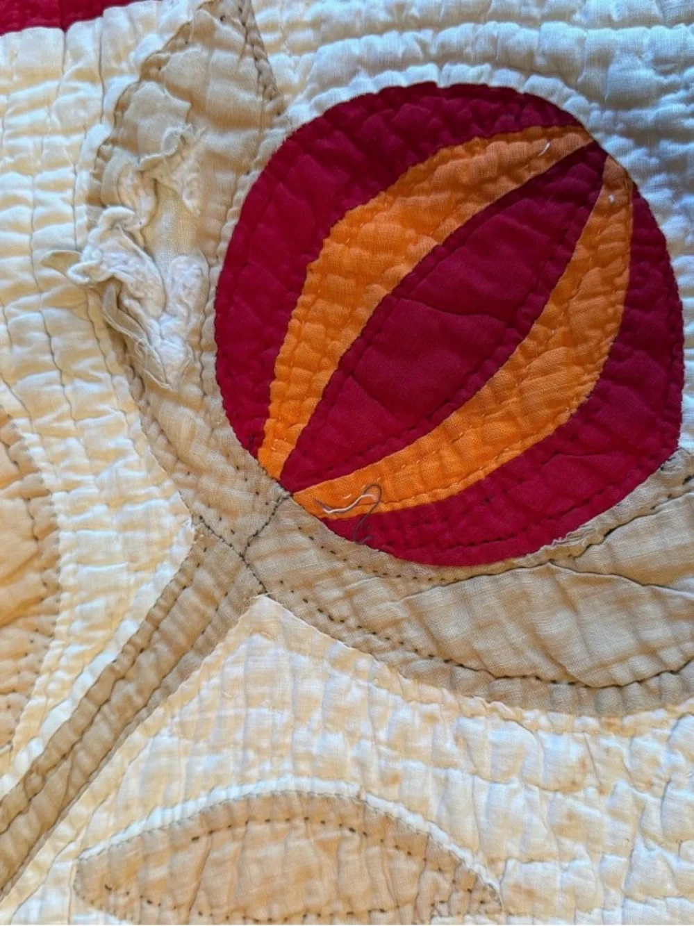 Antique Love Apple Patchwork Quilt in Red, Orange, Cream c 1850